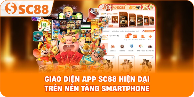 giao diện app SC88 hiện đại trên hai nền tảng smartphone kèm các icon trò chơi sắc nét