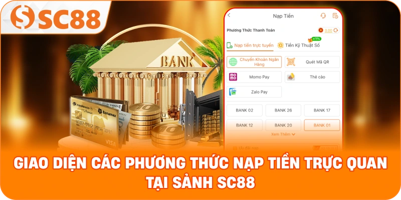 các phương thức nạp tiền trực quan tại sảnh SC88 với các logo ngân hàng và ví điện tử